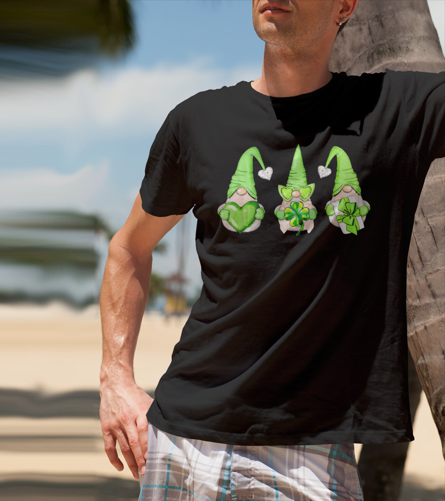 Cool Green Gnomes With Leprechaun Shamrock Hearts And Gifts T-Shirt