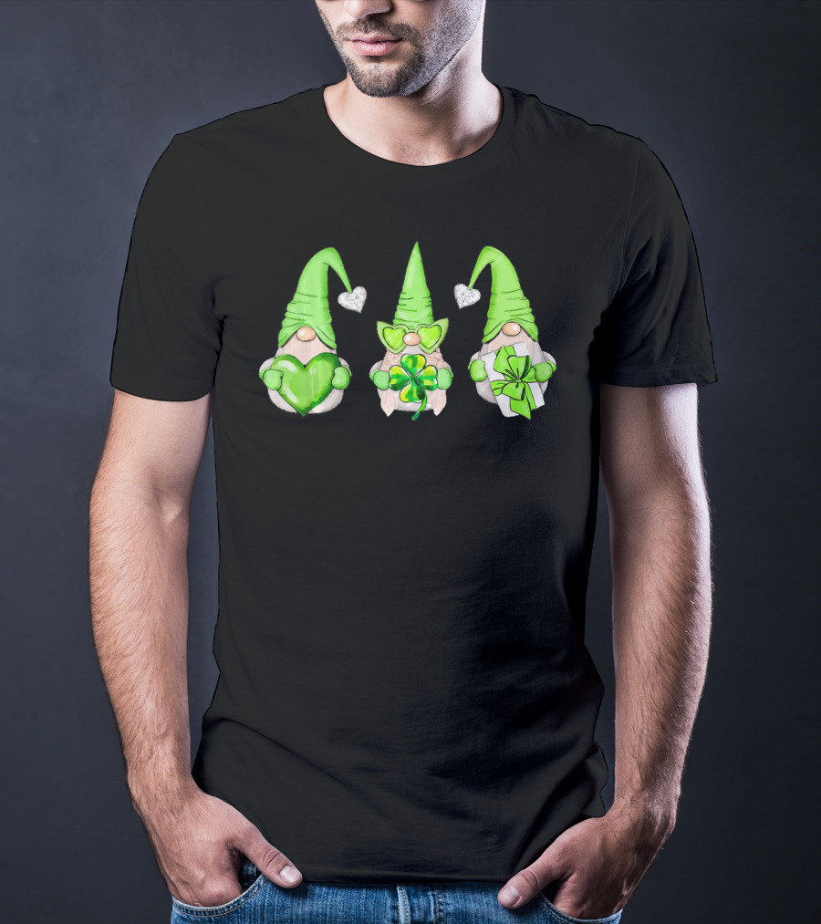 Cool Green Gnomes With Leprechaun Shamrock Hearts And Gifts T-Shirt