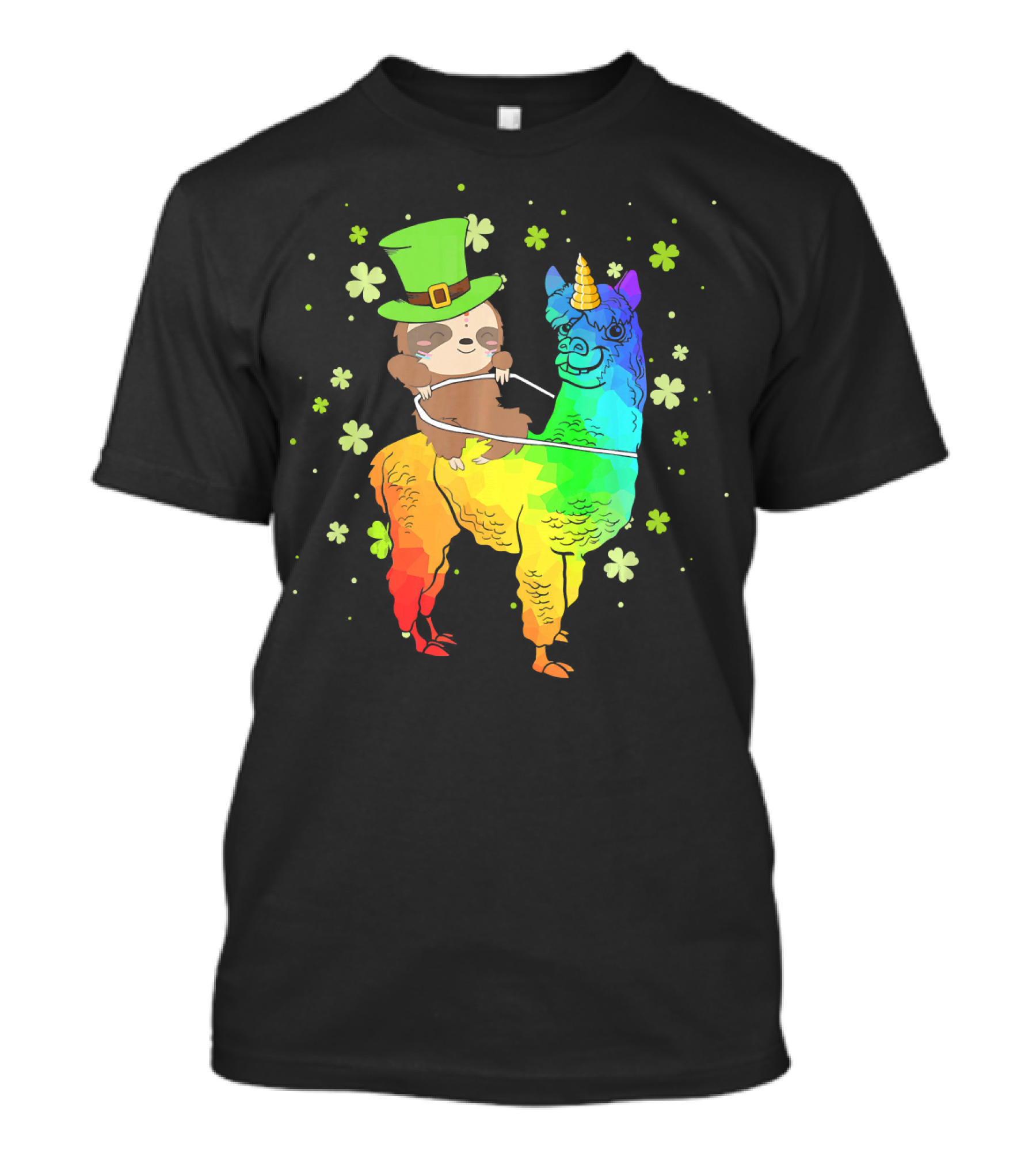 Leprechaun Sloth Riding Rainbow Llama Unicorn St Patrick's Clover T-Shirt