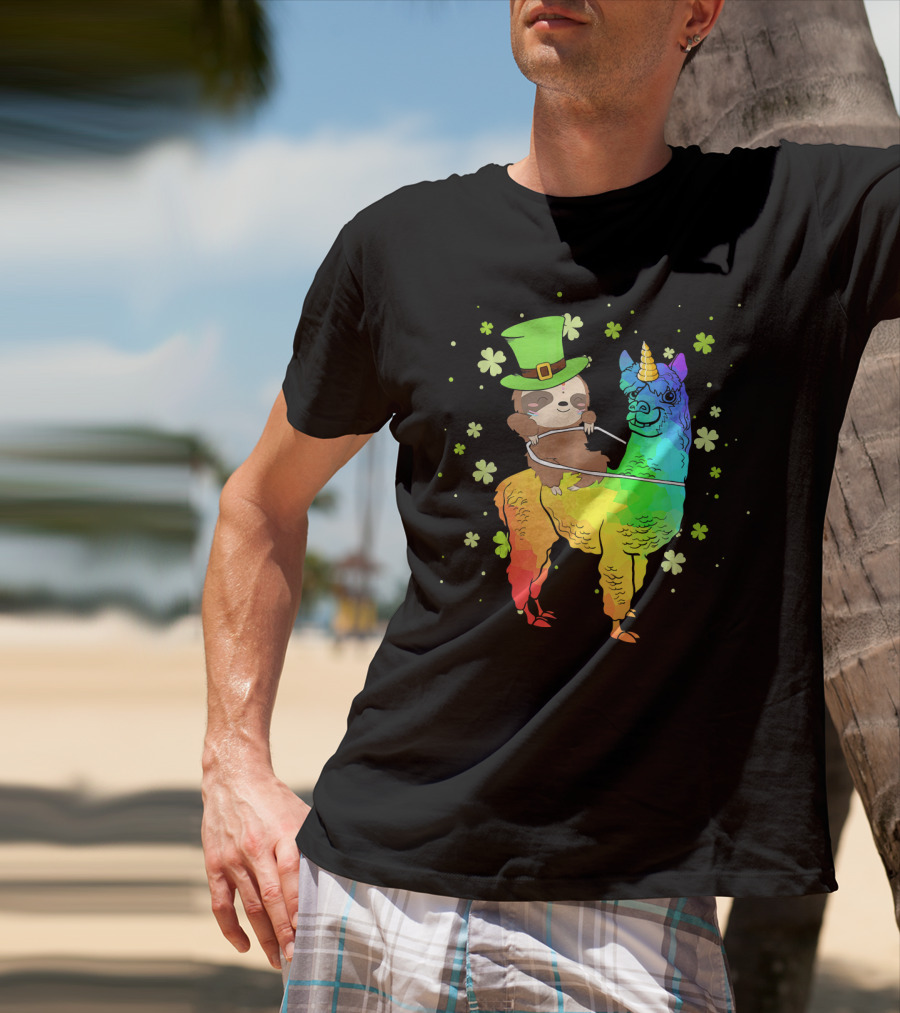 Leprechaun Sloth Riding Rainbow Llama Unicorn St Patrick's Clover T-Shirt
