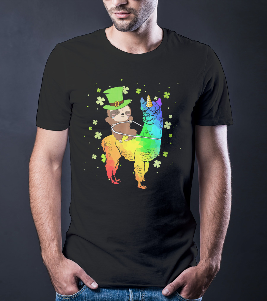 Leprechaun Sloth Riding Rainbow Llama Unicorn St Patrick's Clover T-Shirt
