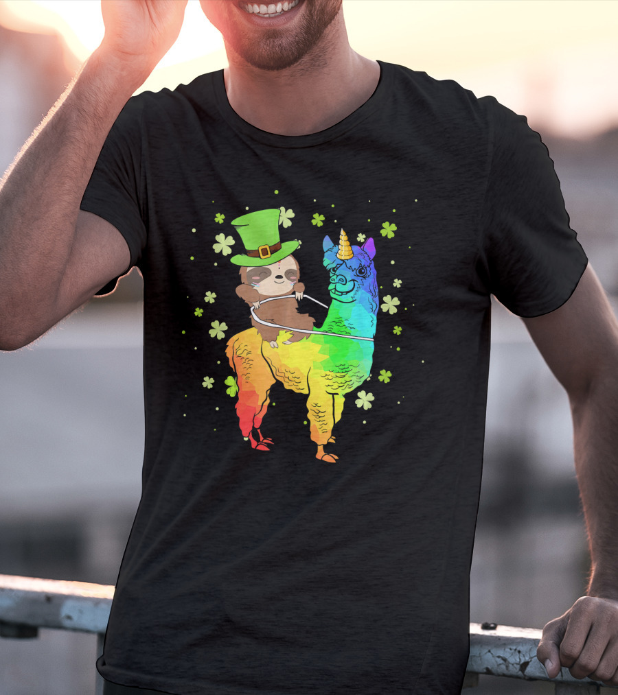 Leprechaun Sloth Riding Rainbow Llama Unicorn St Patrick's Clover T-Shirt