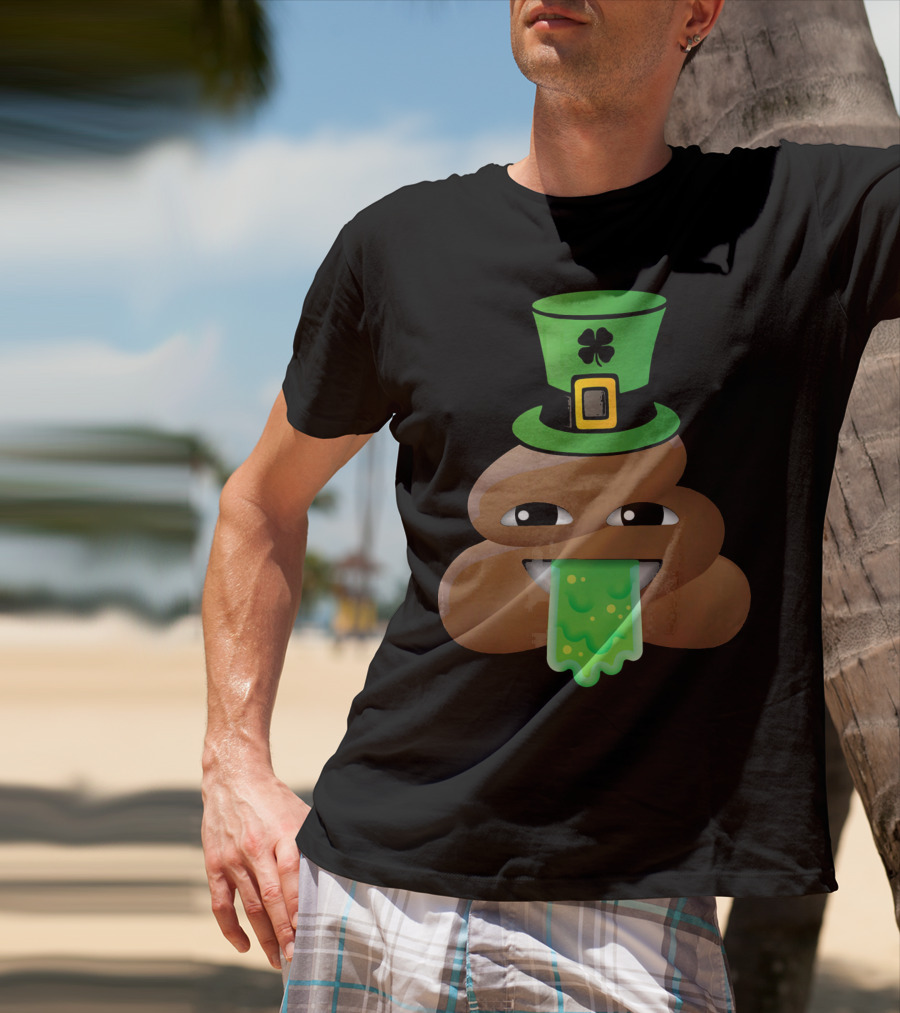 St Patricks Day Funny Leprechaun Poop Emoji Hat And Green Slime Tongue T-Shirt