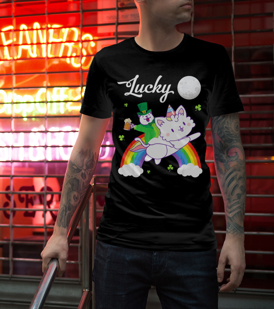Lucky Leprechaun Cat Riding Unicorn Cat Over Rainbow With Beer And Moon T-Shirt