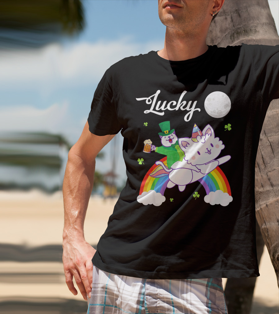 Lucky Leprechaun Cat Riding Unicorn Cat Over Rainbow With Beer And Moon T-Shirt