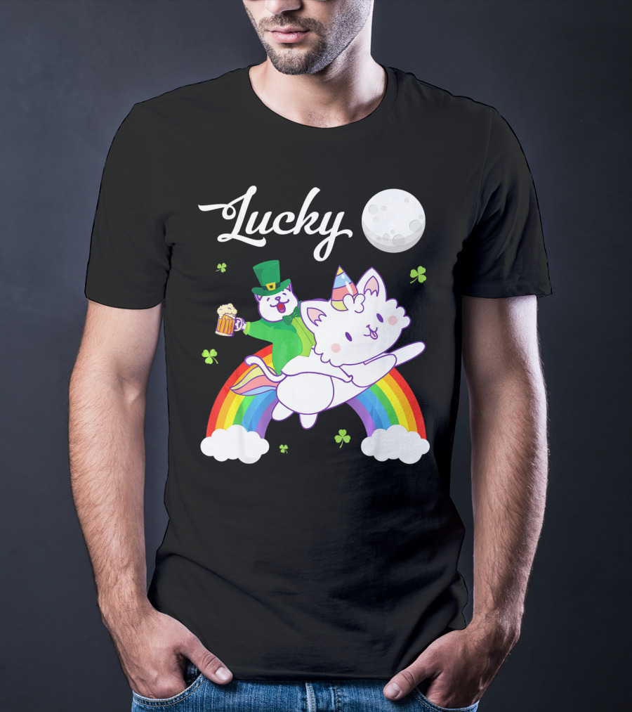 Lucky Leprechaun Cat Riding Unicorn Cat Over Rainbow With Beer And Moon T-Shirt