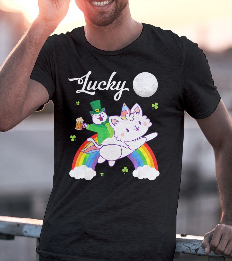 Lucky Leprechaun Cat Riding Unicorn Cat Over Rainbow With Beer And Moon T-Shirt