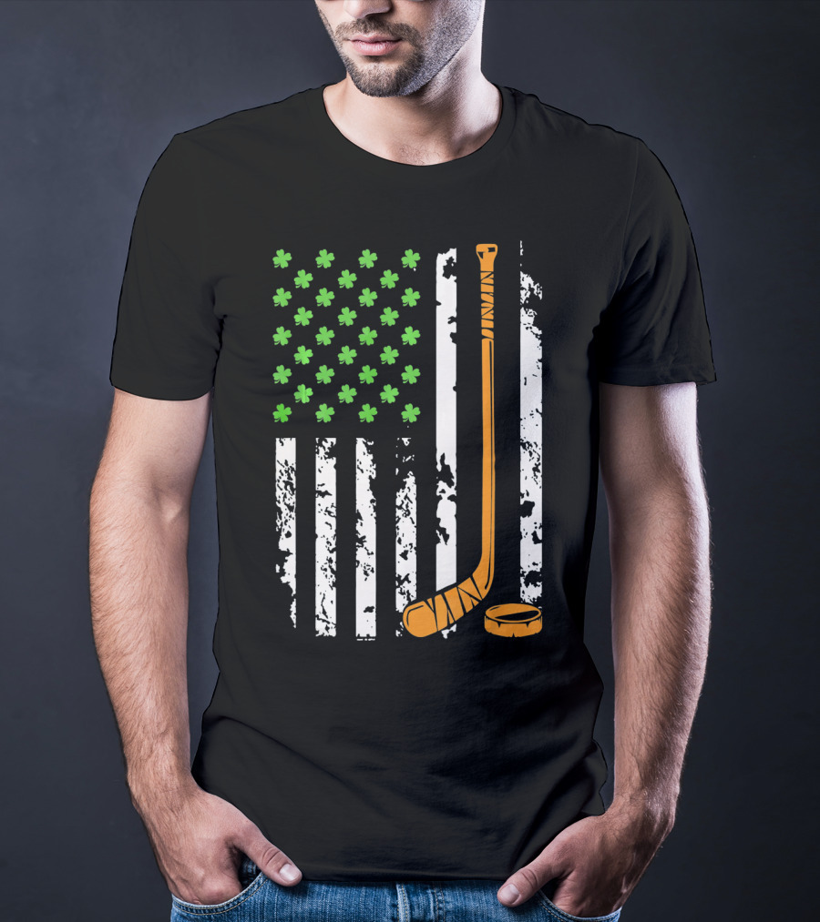 Irish American Hockey Sticks And Shamrocks Flag T-Shirt