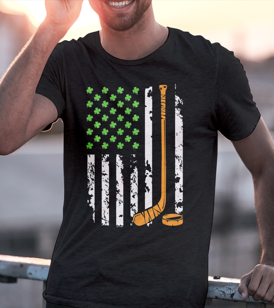 Irish American Hockey Sticks And Shamrocks Flag T-Shirt