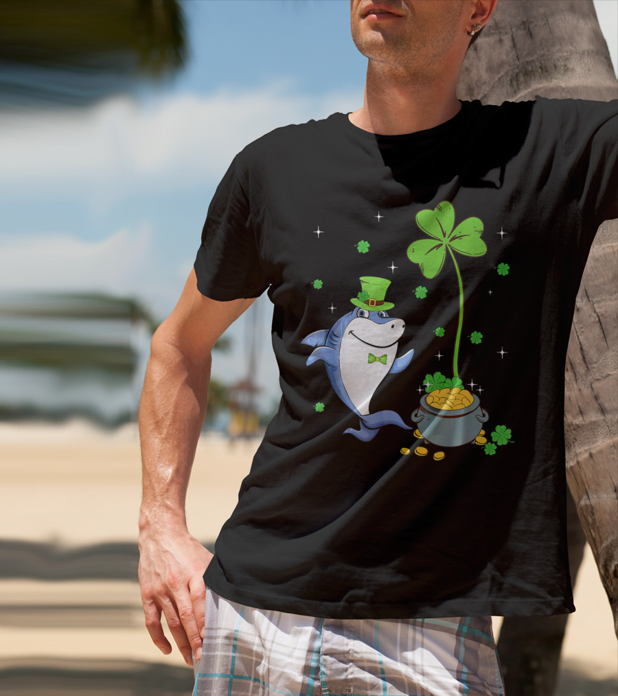 St Patricks Shamrock Leprechaun Shark With Pot Of Gold T-Shirt