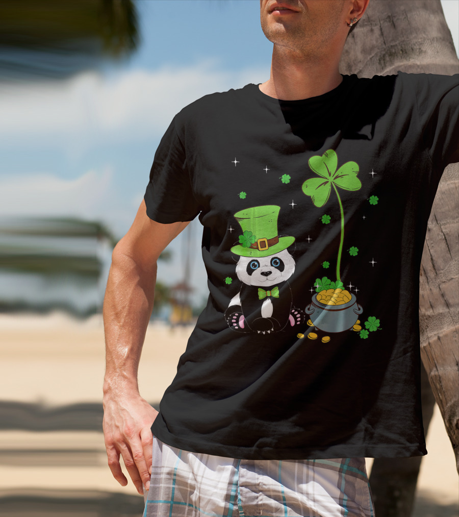 Shamrock Leprechaun Panda St Patricks Pot Of Gold T-Shirt