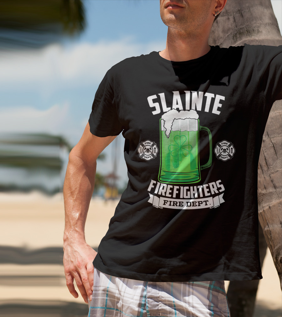 Slainte Shamrock Beer Firefighters Fire Dept T-Shirt