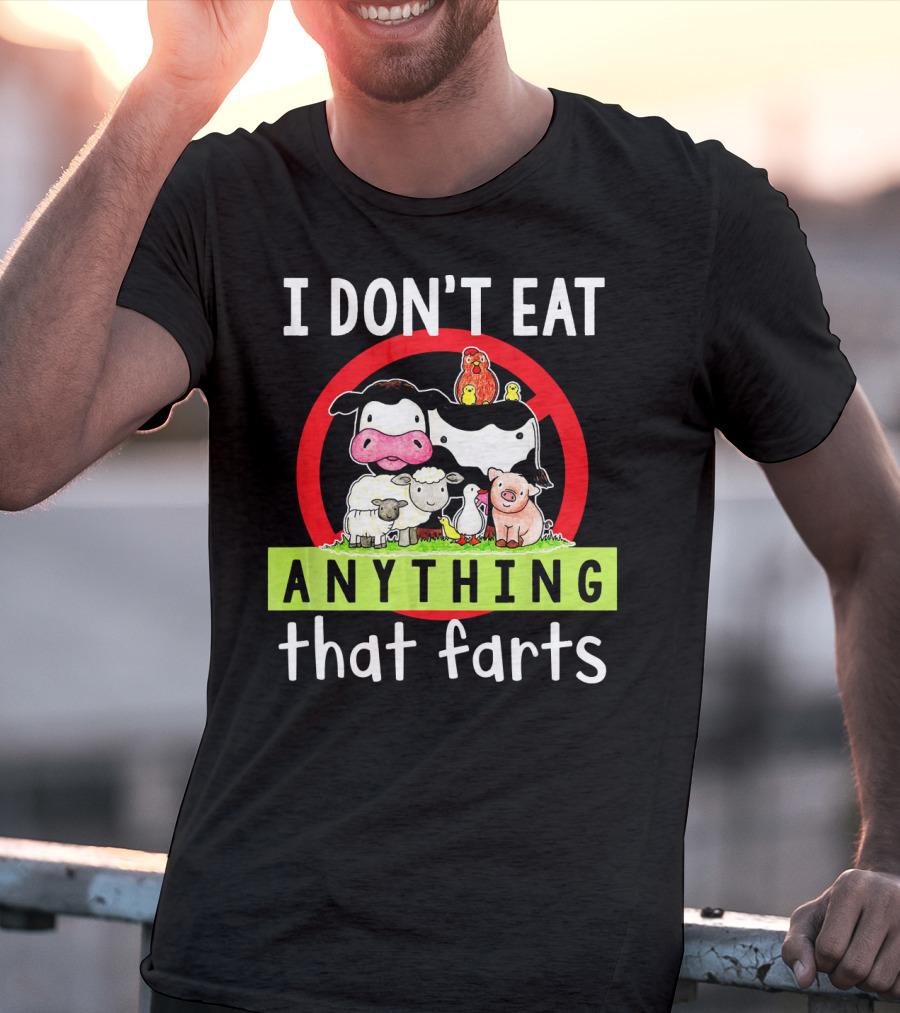 I Don't Eat Anything That Farts Vegetaria Cow Sheep Pig Chicken Cartoon T-Shirt