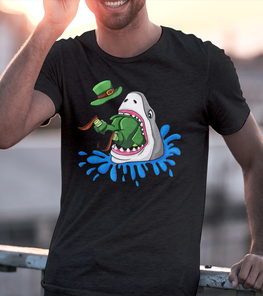 Shark Swallowing Green Leprechaun Hat Splashing Water T-Shirt
