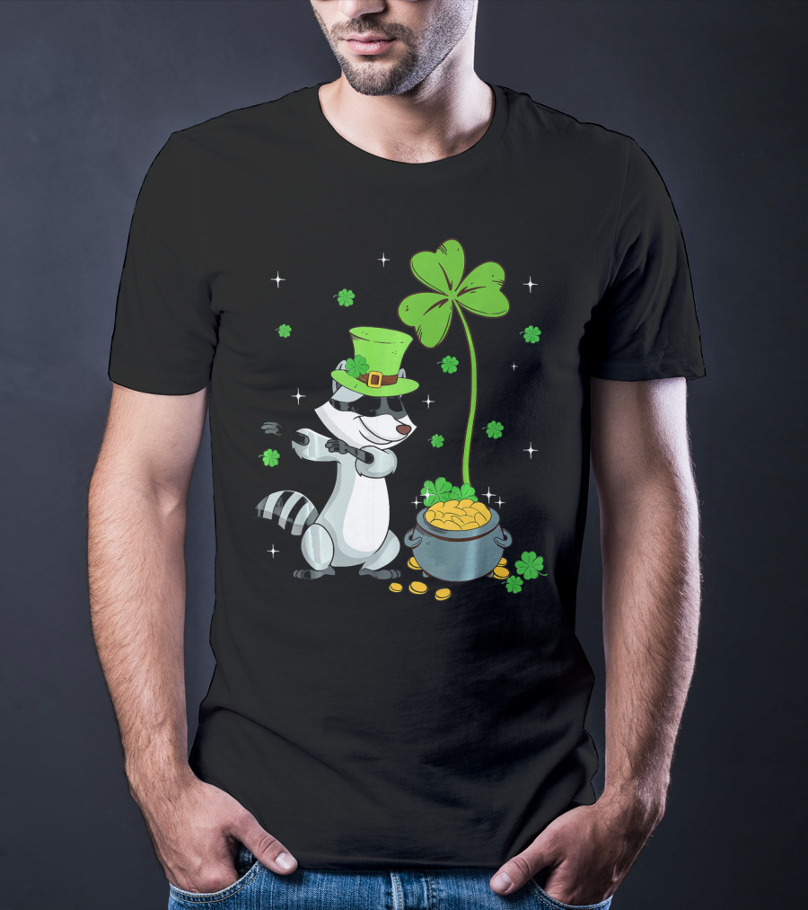 Shamrock Leprechaun Raccoon With Pot Of Gold And Clover St Patricks T-Shirt