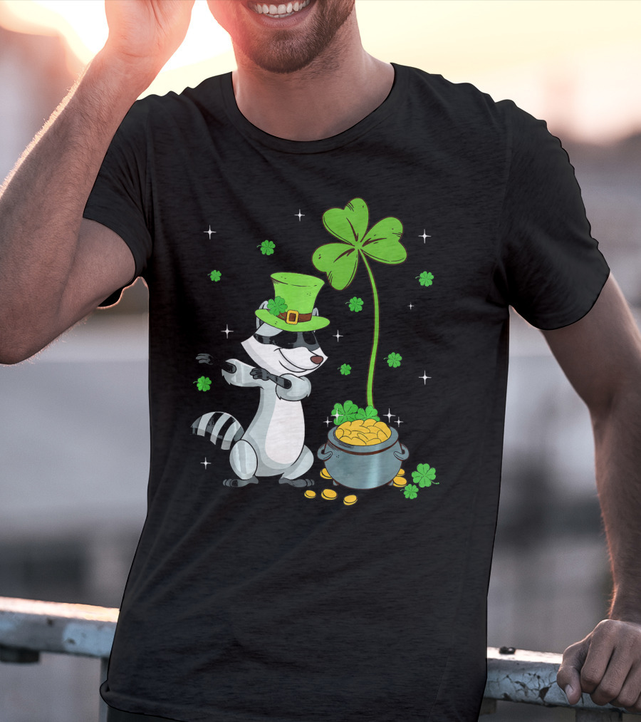 Shamrock Leprechaun Raccoon With Pot Of Gold And Clover St Patricks T-Shirt