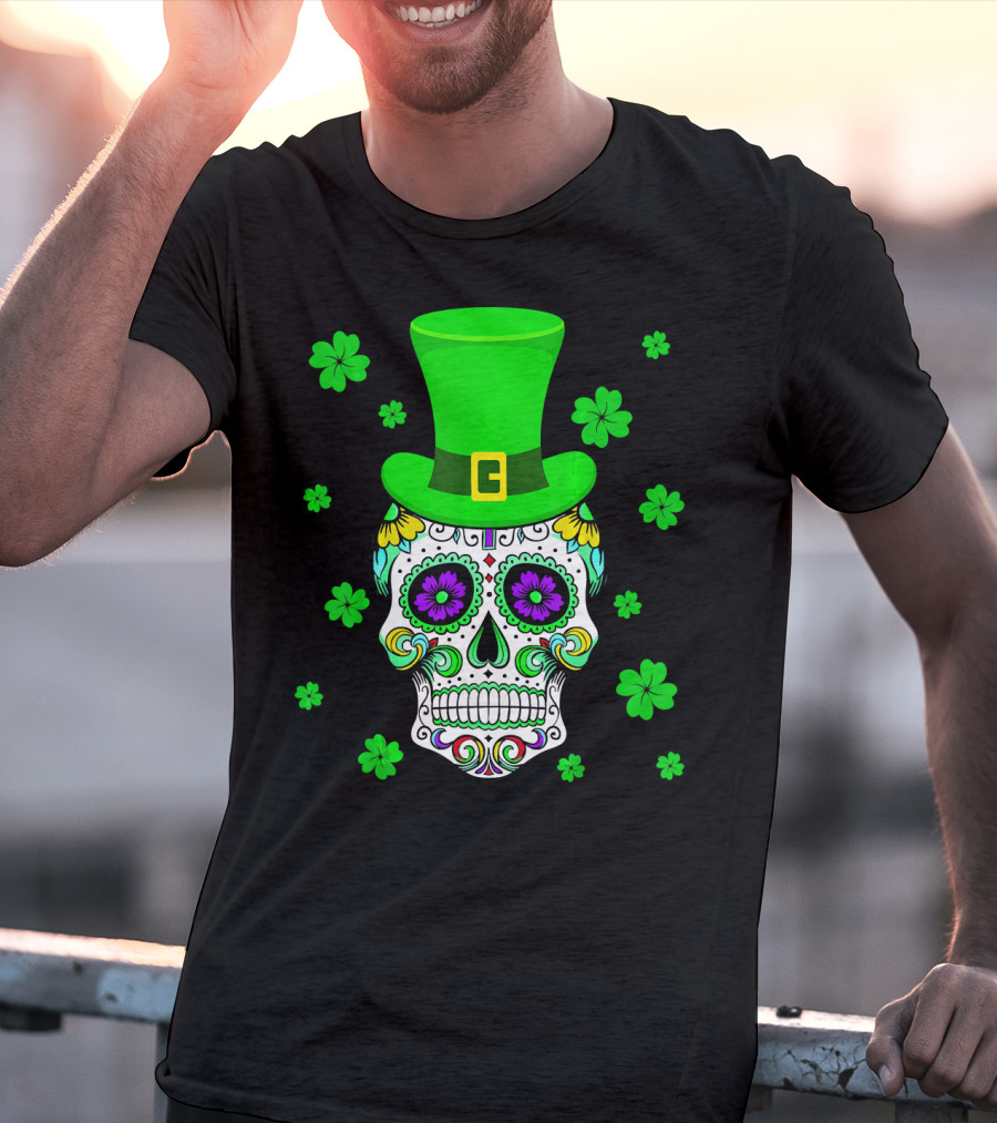 Leprechaun Sugar Skull Shamrock St Patrick's Day T-Shirt