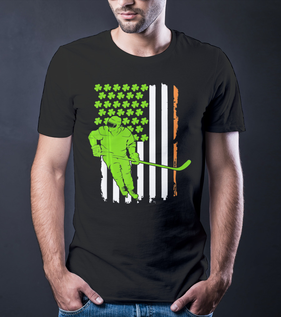 Irish American Flag St Pat Hockey Player Shamrock Stars T-Shirt