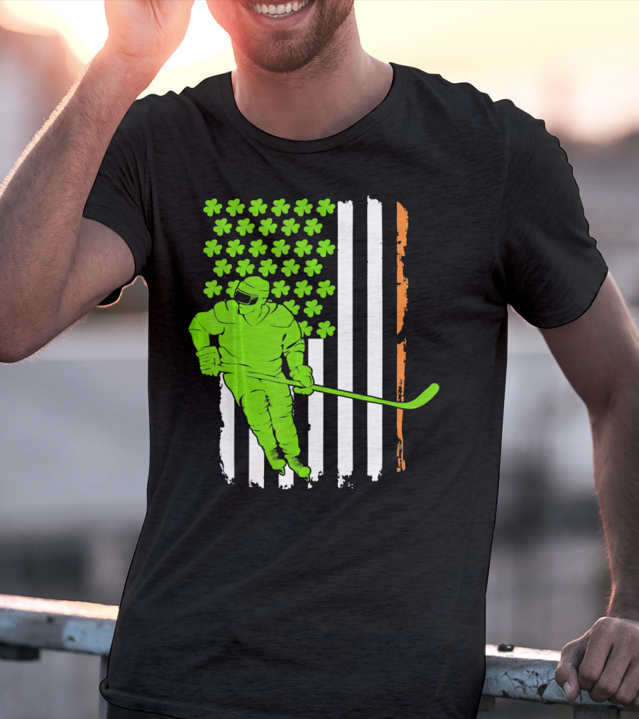 Irish American Flag St Pat Hockey Player Shamrock Stars T-Shirt