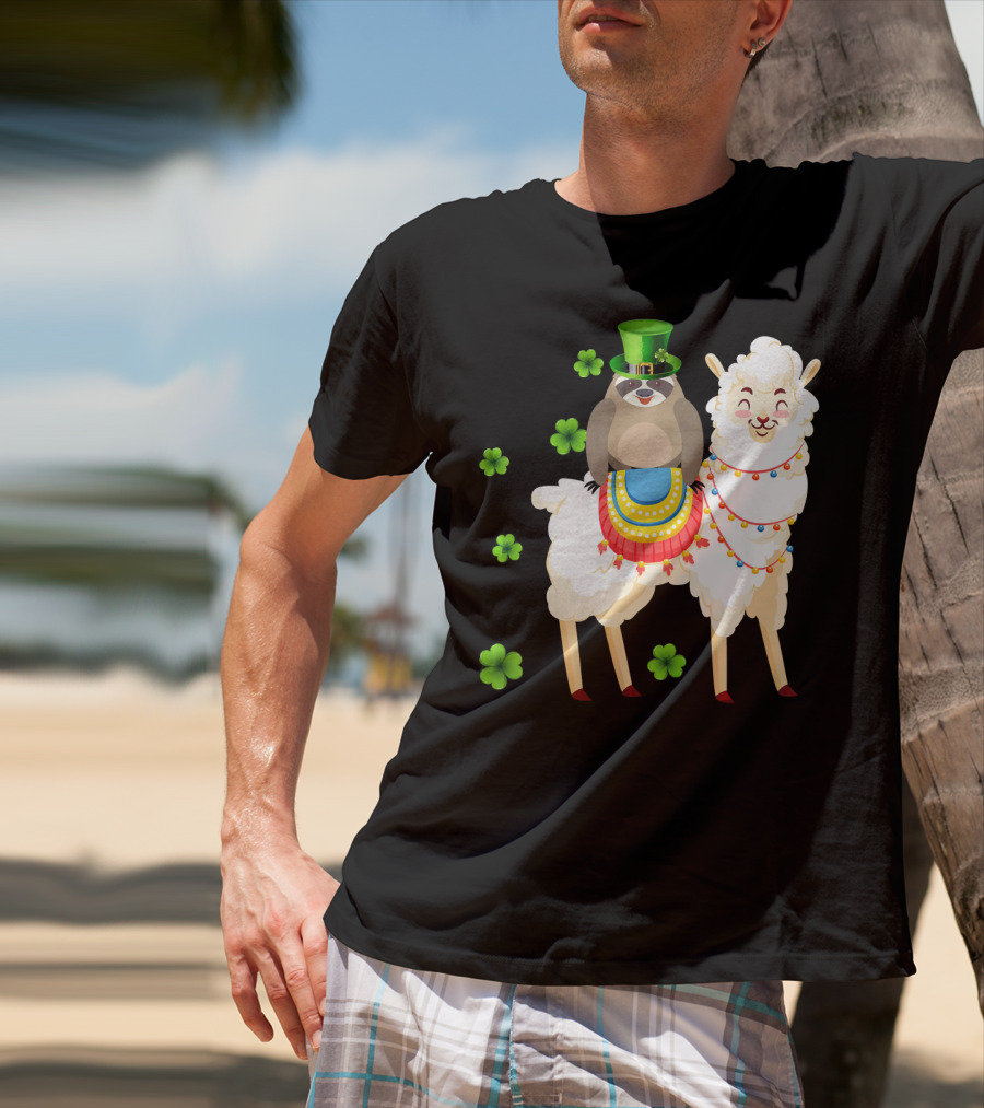 Leprechaun Sloth Riding Llama St Patrick's Day With Shamrocks T-Shirt