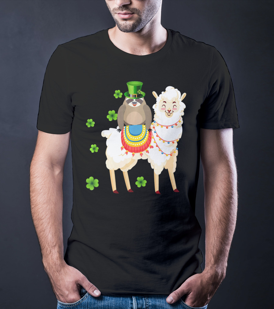 Leprechaun Sloth Riding Llama St Patrick's Day With Shamrocks T-Shirt