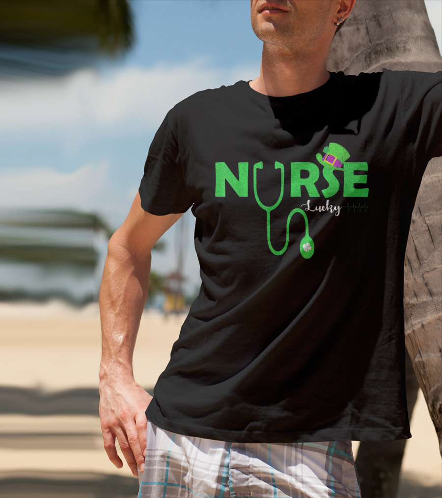 Lucky Nurse St. Patrick's Day With Shamrock Stethoscope And Leprechaun Hat T-Shirt