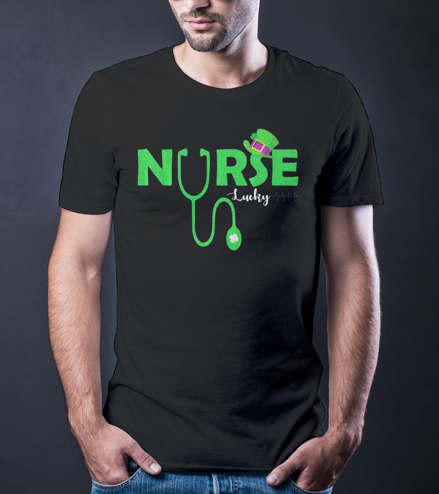 Lucky Nurse St. Patrick's Day With Shamrock Stethoscope And Leprechaun Hat T-Shirt