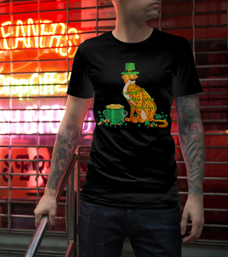 Leprechaun Cheetah Covered In Shamrocks With Pot Of Gold T-Shirt