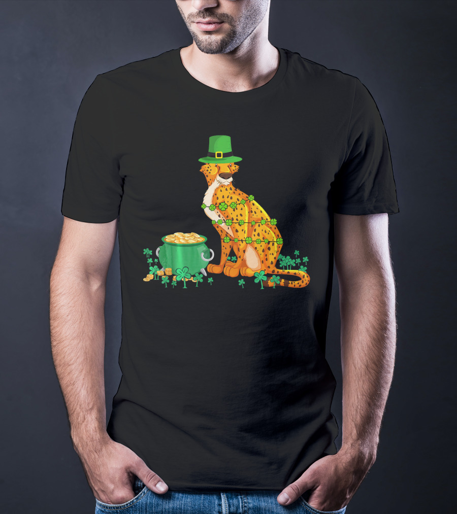 Leprechaun Cheetah Covered In Shamrocks With Pot Of Gold T-Shirt