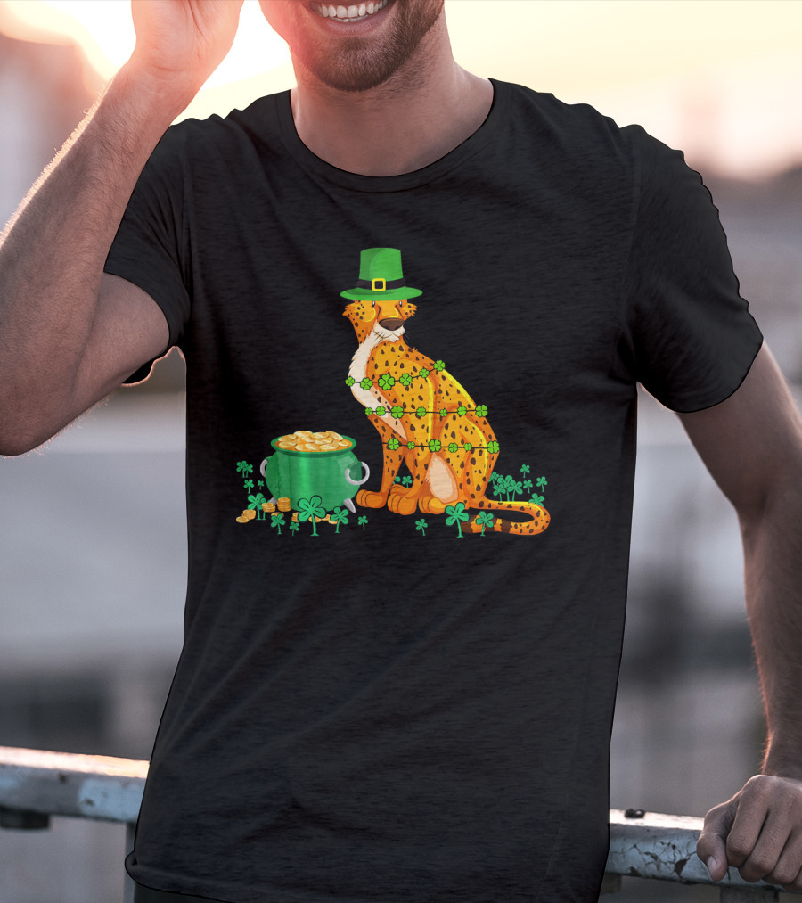 Leprechaun Cheetah Covered In Shamrocks With Pot Of Gold T-Shirt