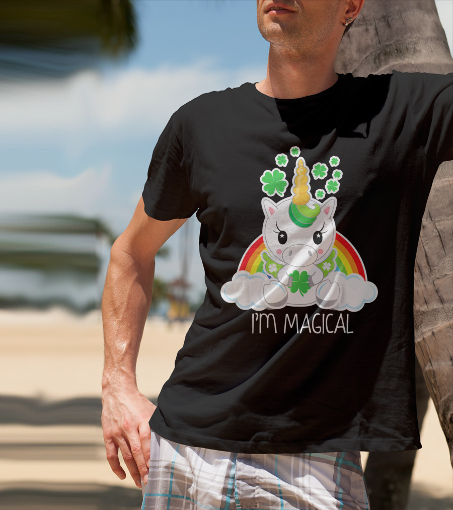 Girls Cute Unicorn I'm Magical Rainbow Clover T-Shirt