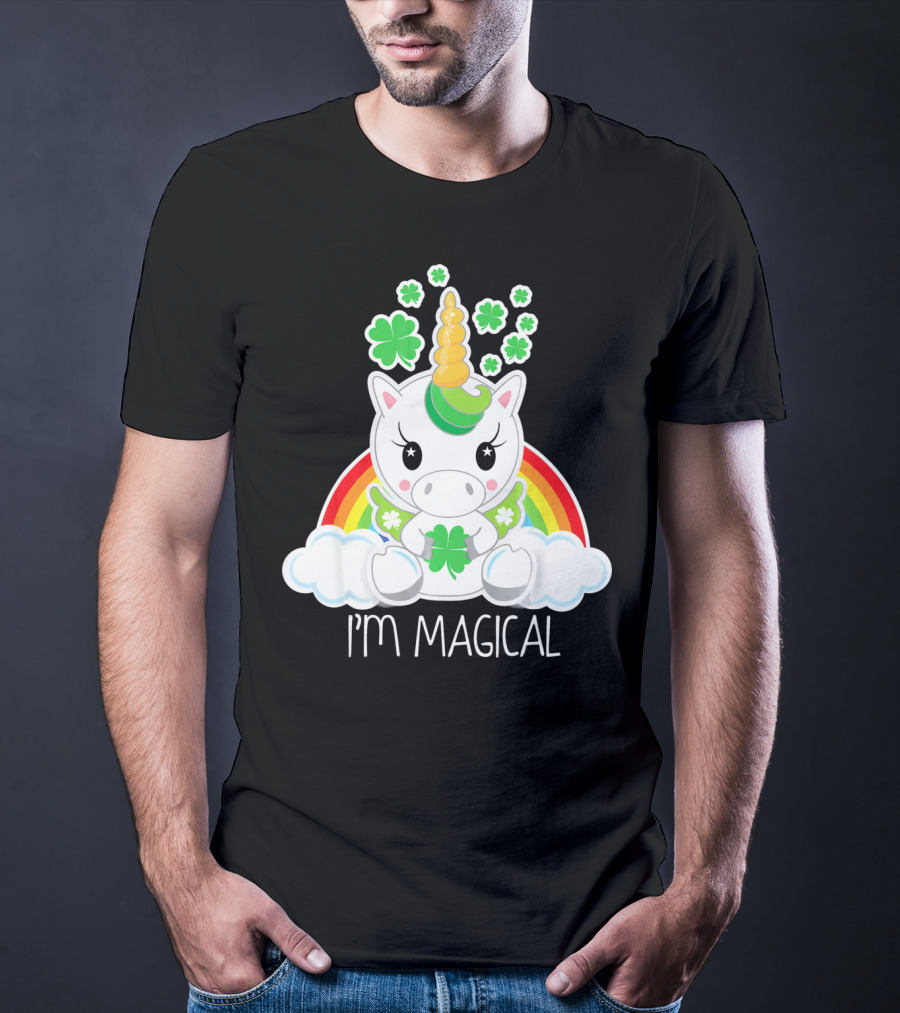 Girls Cute Unicorn I'm Magical Rainbow Clover T-Shirt