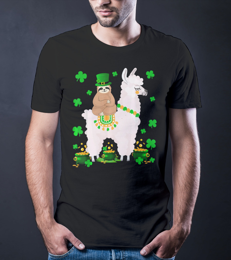 Leprechaun Sloth Riding Llama Surrounded By Shamrocks And Gold Coins St. Patric T-Shirt