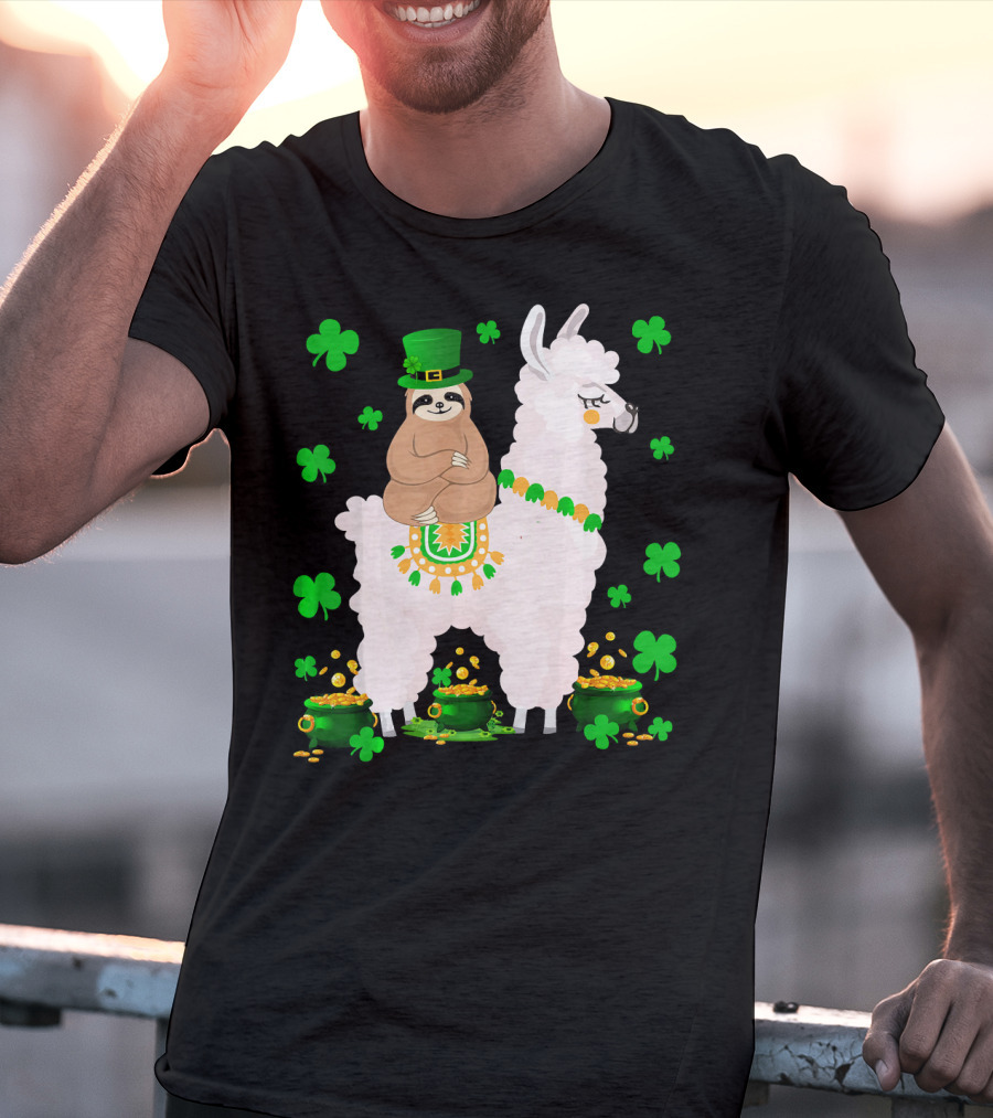 Leprechaun Sloth Riding Llama Surrounded By Shamrocks And Gold Coins St. Patric T-Shirt