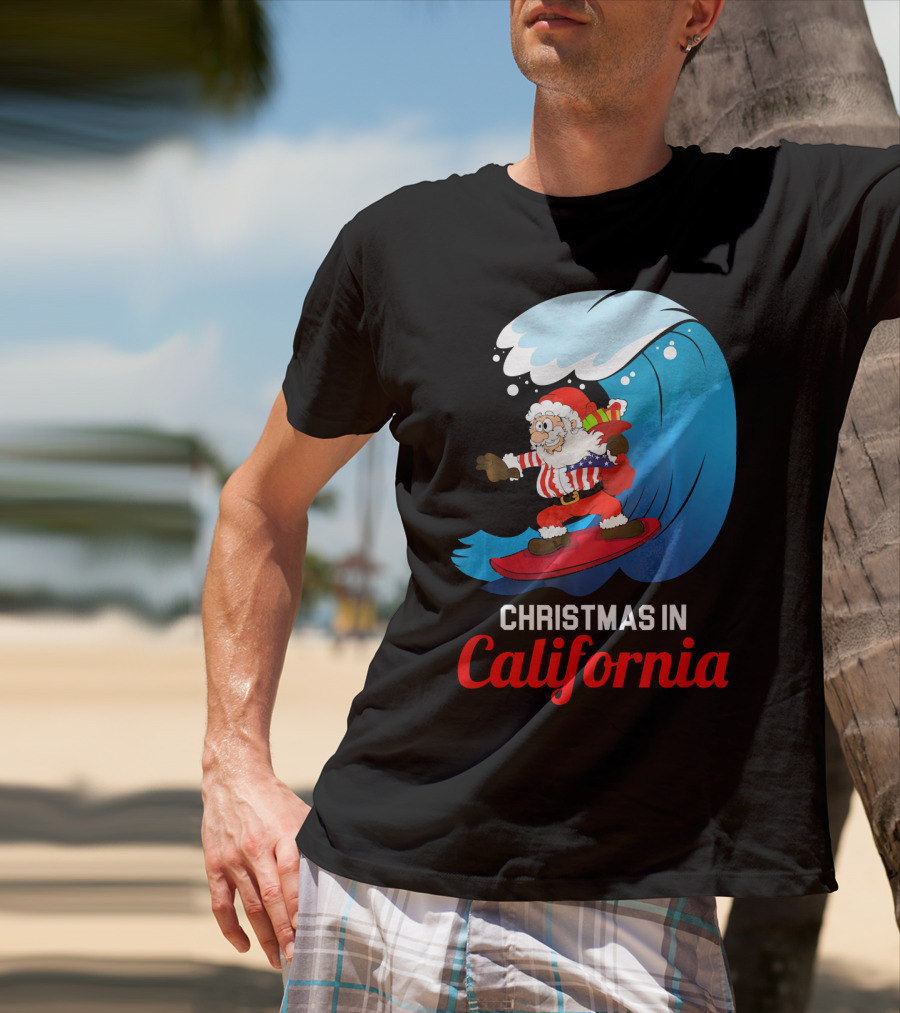 Santa Surfing Christmas In California T-Shirt