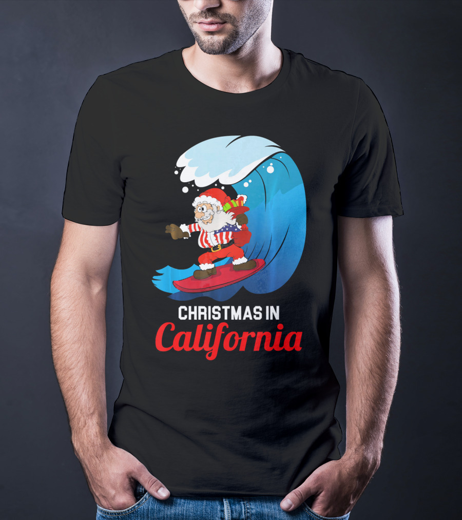 Santa Surfing Christmas In California T-Shirt