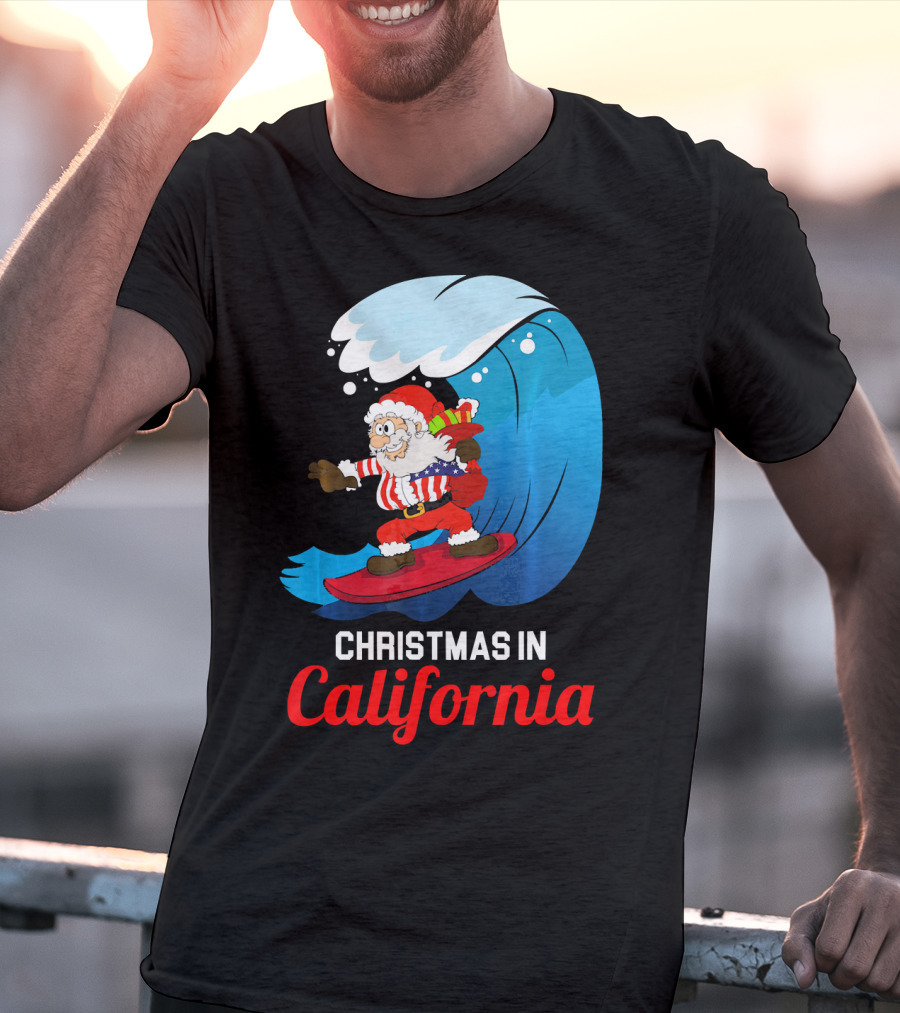 Santa Surfing Christmas In California T-Shirt