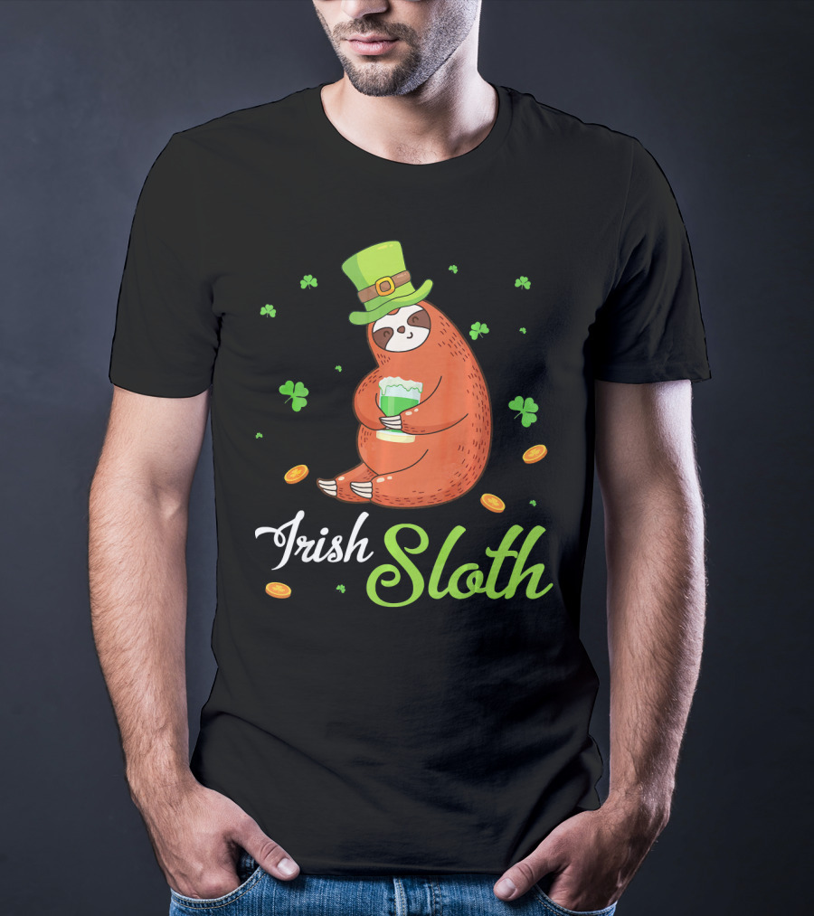 Irish Sloth Leprechaun Drinking Shamrocks Go T-Shirt
