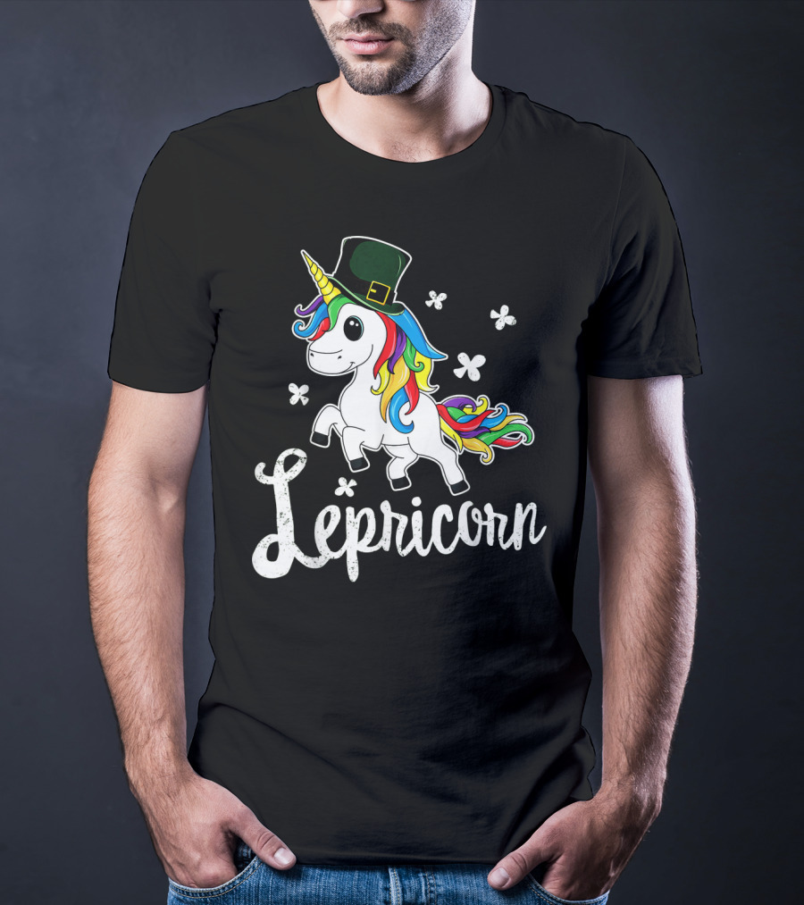 Lepricorn St Patricks Day Unicorn With Rainbow Mane And Leprechaun Hat T-Shirt
