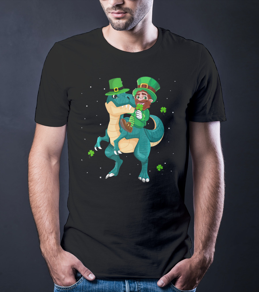 Leprechaun Riding Rex Dinosaur With Shamrocks And Stars T-Shirt