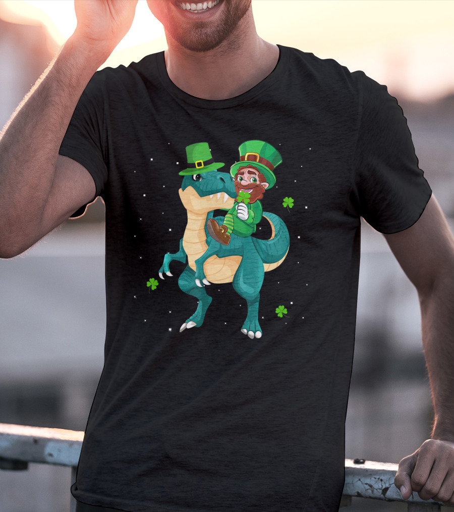 Leprechaun Riding Rex Dinosaur With Shamrocks And Stars T-Shirt