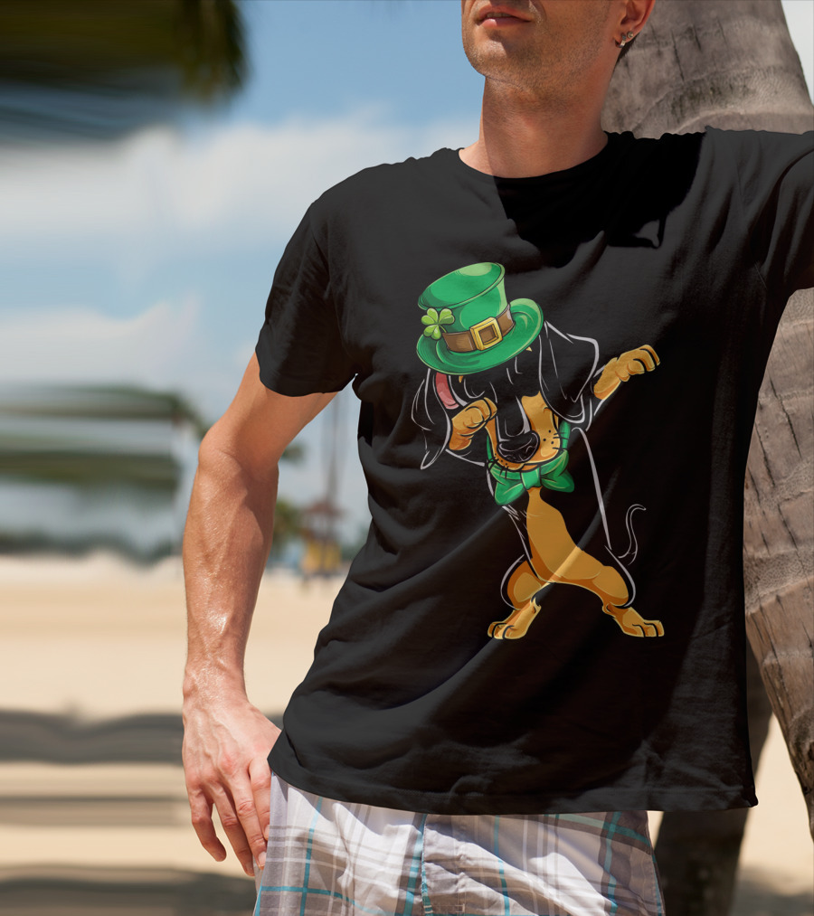 St. Patrick's Day Dabbing Dachshund With Green Hat And Bowtie T-Shirt