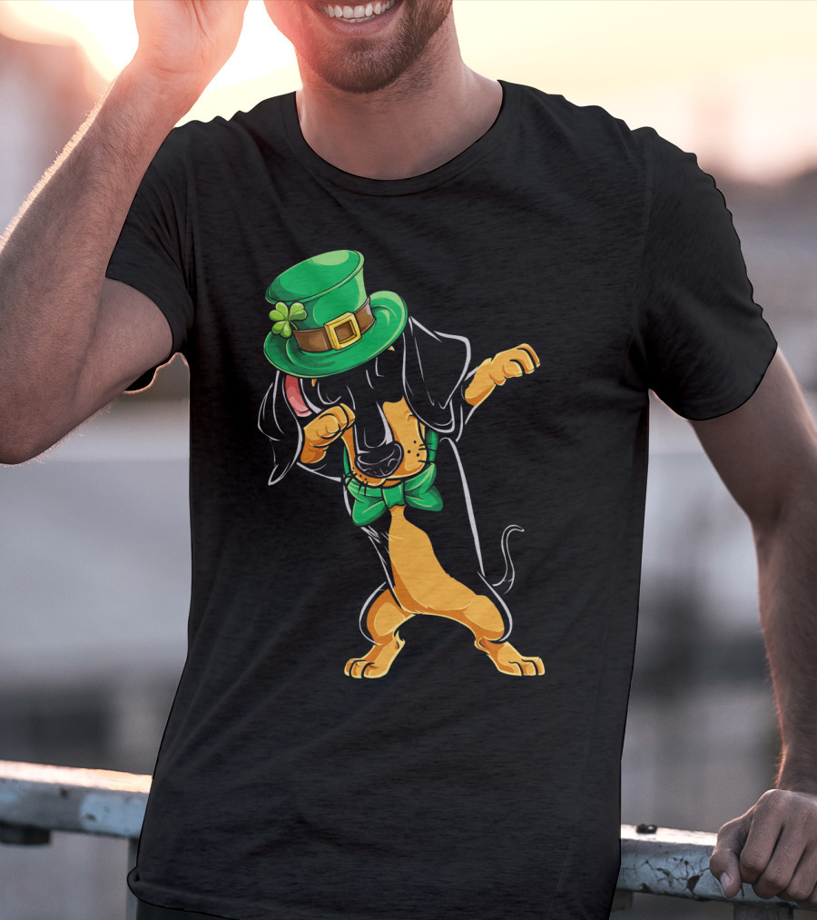 St. Patrick's Day Dabbing Dachshund With Green Hat And Bowtie T-Shirt