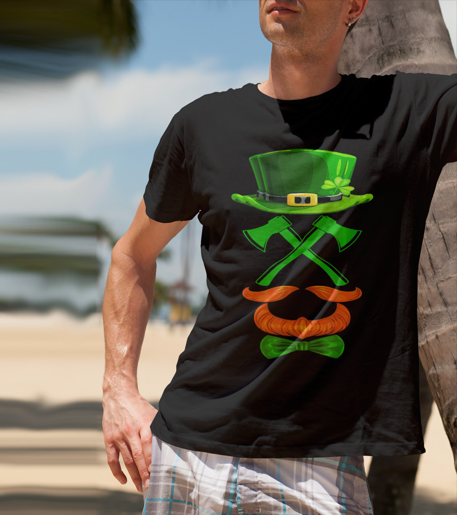 Leprechaun Hat And Crossed Axes With Orange Beard And Bow Tie T-Shirt