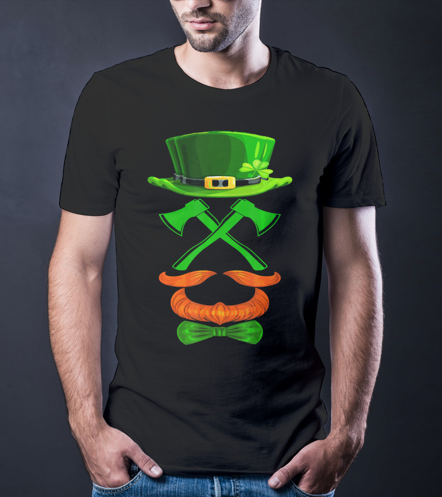 Leprechaun Hat And Crossed Axes With Orange Beard And Bow Tie T-Shirt