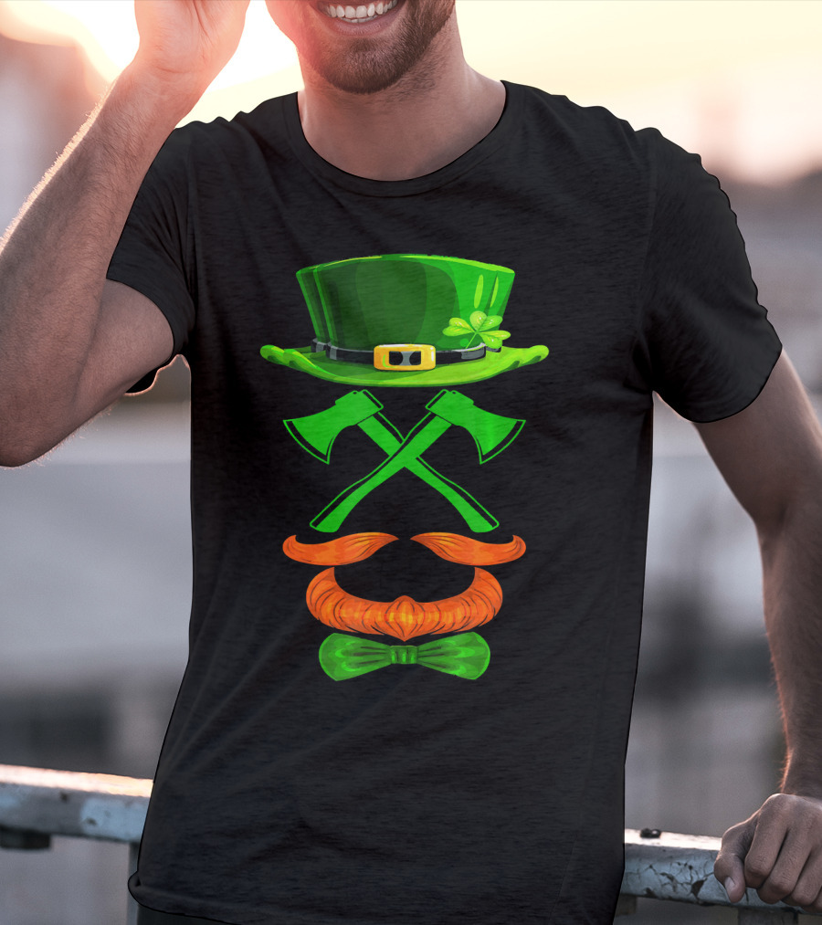 Leprechaun Hat And Crossed Axes With Orange Beard And Bow Tie T-Shirt