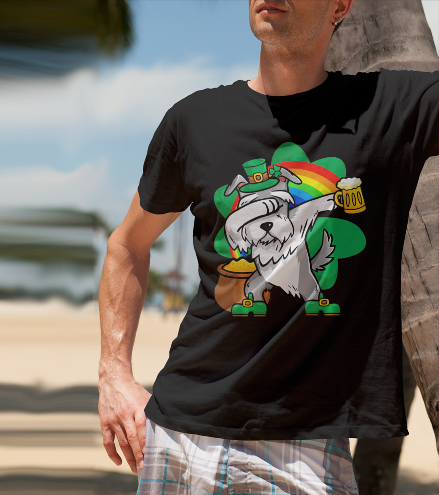 Funny Dabbing Schnauzer Leprechaun With Beer And Rainbow T-Shirt