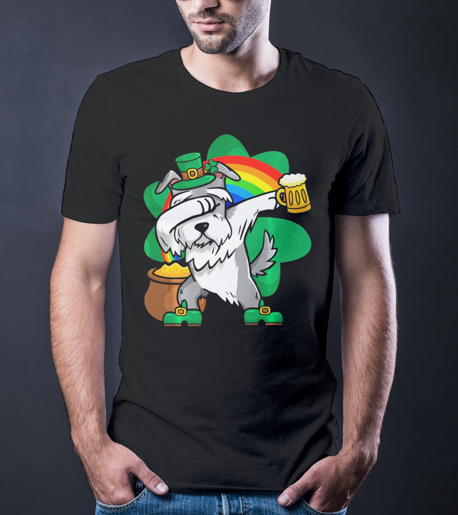 Funny Dabbing Schnauzer Leprechaun With Beer And Rainbow T-Shirt