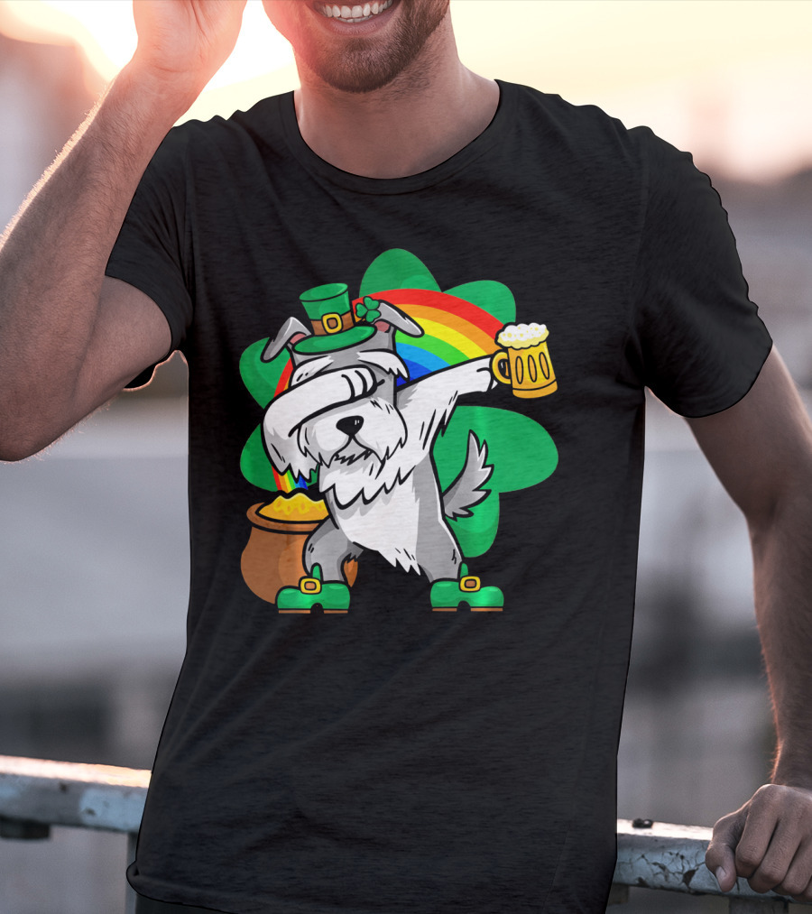 Funny Dabbing Schnauzer Leprechaun With Beer And Rainbow T-Shirt