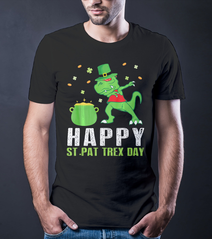 Happy St. Pat T-Rex Day Dinosaur Leprechaun Dabbing Pot Gold T-Shirt